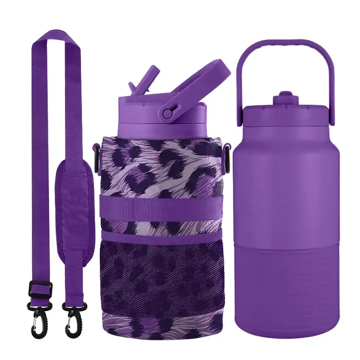Outdoor straw lid fitness gym sport 18/8 stainless steel double wall insulated vacuum flask 64oz water bottle jug with bag