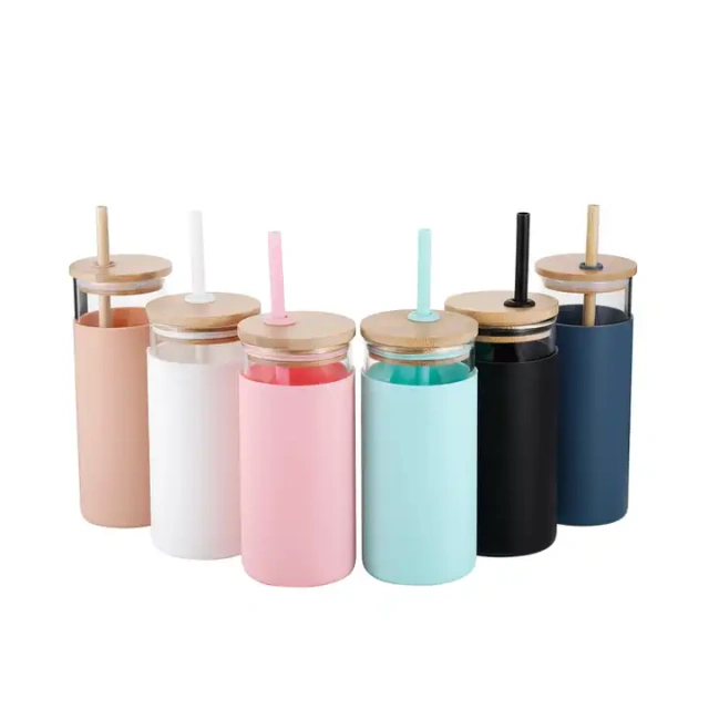 18oz 550ml Beverage Glass Tumbler Silicone Sleeve Glass Tumblers with Bamboo Lids and Straws