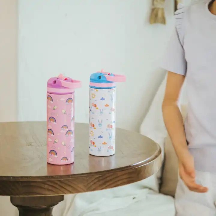 14oz 18oz Stainless Steel Kids Water Bottle Straw Drinking Children Bpa Free Kids Drink School Cute Pattern Water Bottle