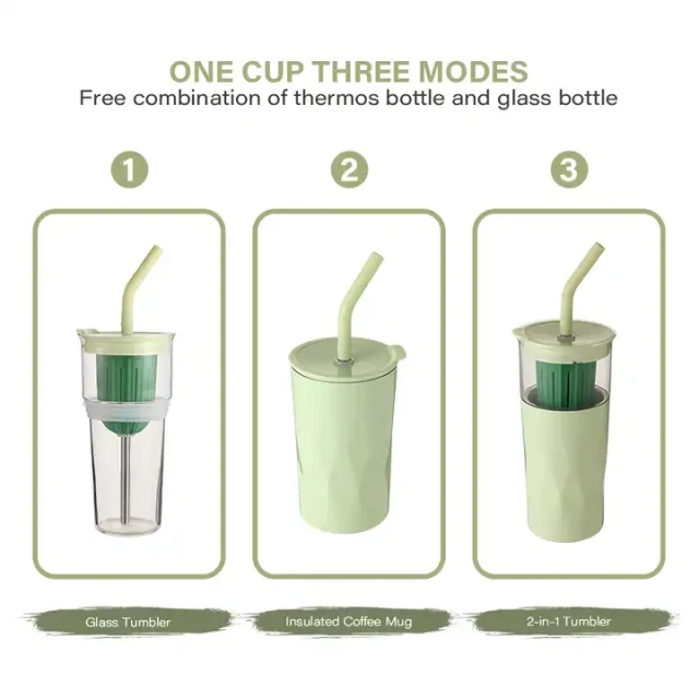 Two Section Removable Glass 2 in 1 Tumbler Juice Milk Tea Stainless Steel Tumbler Water Bottle