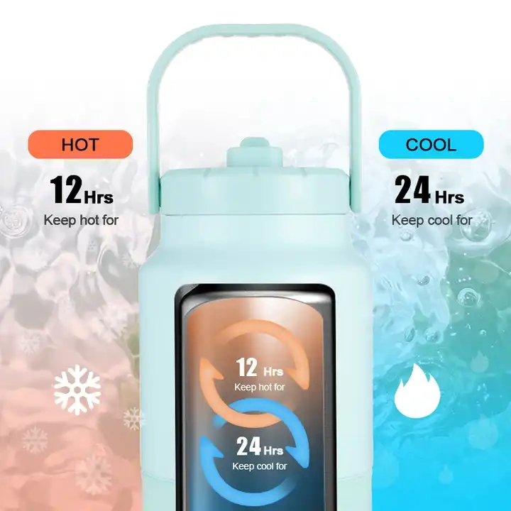 2023 Latest Half Gallon 64oz Double Wall Stainless steel Water Jug With Handle and Straw Lid and Silicone Sleeve