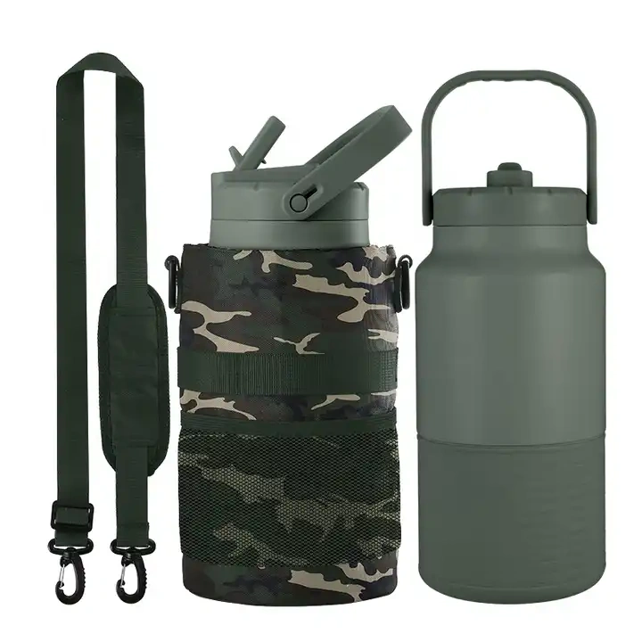 Outdoor straw lid fitness gym sport 18/8 stainless steel double wall insulated vacuum flask 64oz water bottle jug with bag