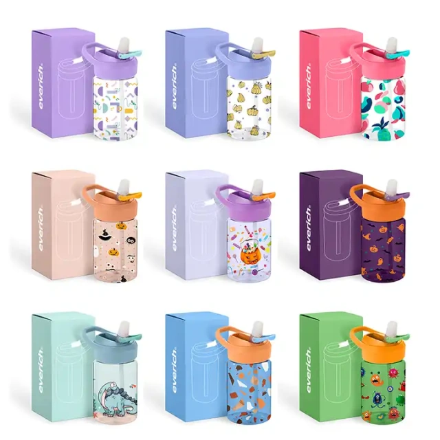 2023 everich Kids water bottle 400ml Tritan with straw lid and built in carrying loop