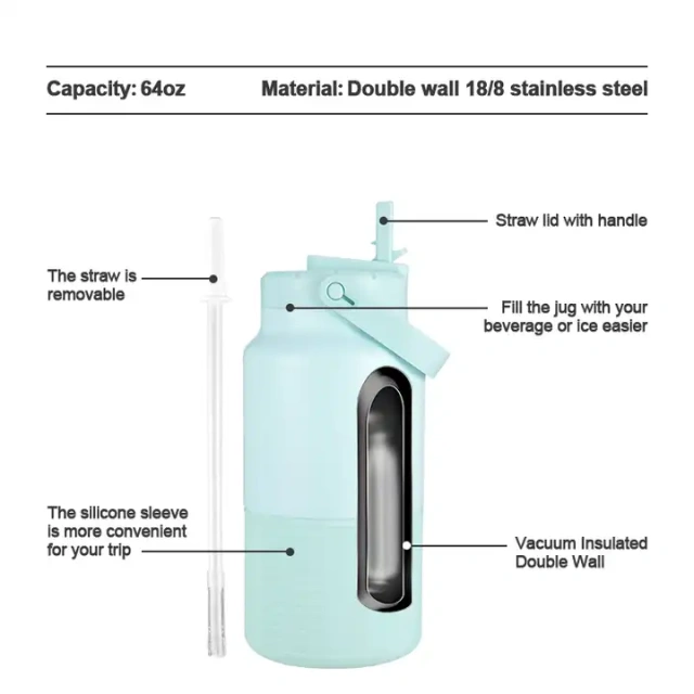 2023 Latest Half Gallon 64oz Double Wall Stainless steel Water Jug With Handle and Straw Lid and Silicone Sleeve