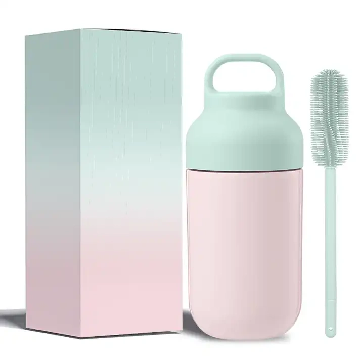 350ml Easy Cleaning Stainless Steel Double Wall PP Handle Lid Wide Mouth Water Bottle for Ice Cold & Hot Drinking