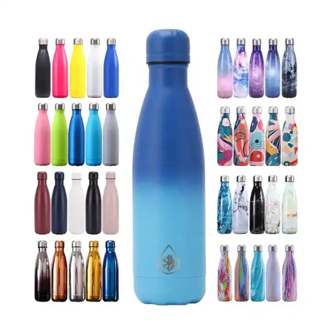 Everich water transfer stainless steel cola bottle thermos drinking metal bottle cola shape with sports lids metal lid