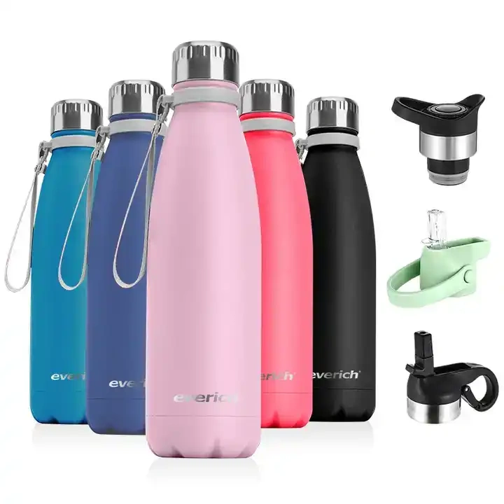Everich water transfer stainless steel cola bottle thermos drinking metal bottle cola shape with sports lids metal lid