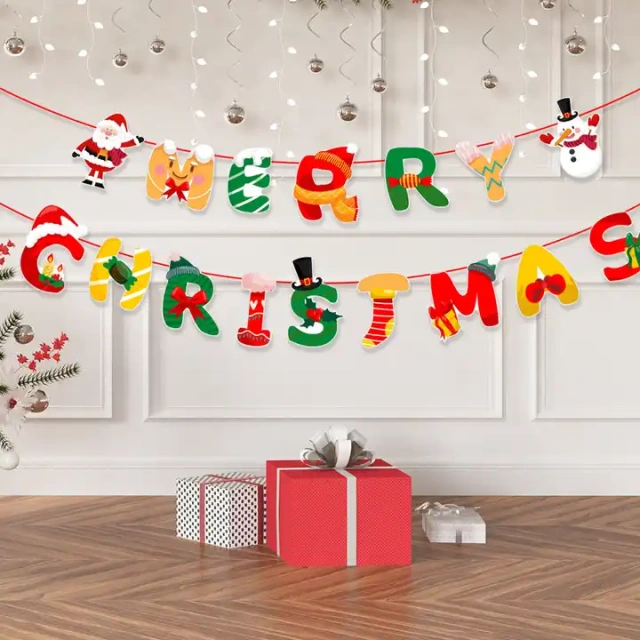 Wholesale Merry Christmas party decoration Paper Letter Flags Banner Party Decoration Christmas paper stripe pull flag
