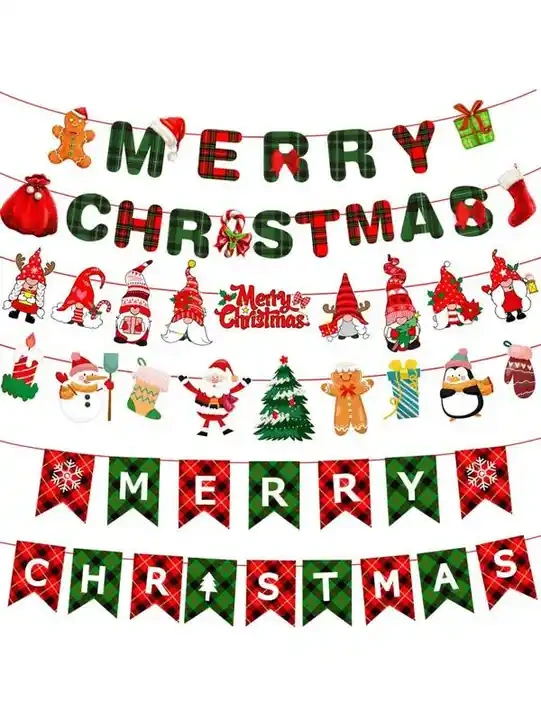 Wholesale Merry Christmas party decoration Paper Letter Flags Banner Party Decoration Christmas paper stripe pull flag