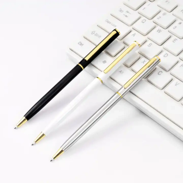 Promotional Ball Pen Customized Logo Black White Slim Metal Body Twist Ballpoint Pen