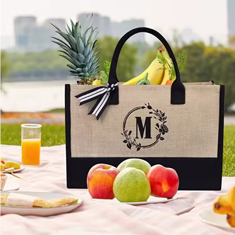 Reusable Custom Logo Jute Handle Blank Splice Cheap Weekend Shopping Womens Travel Beach Bag