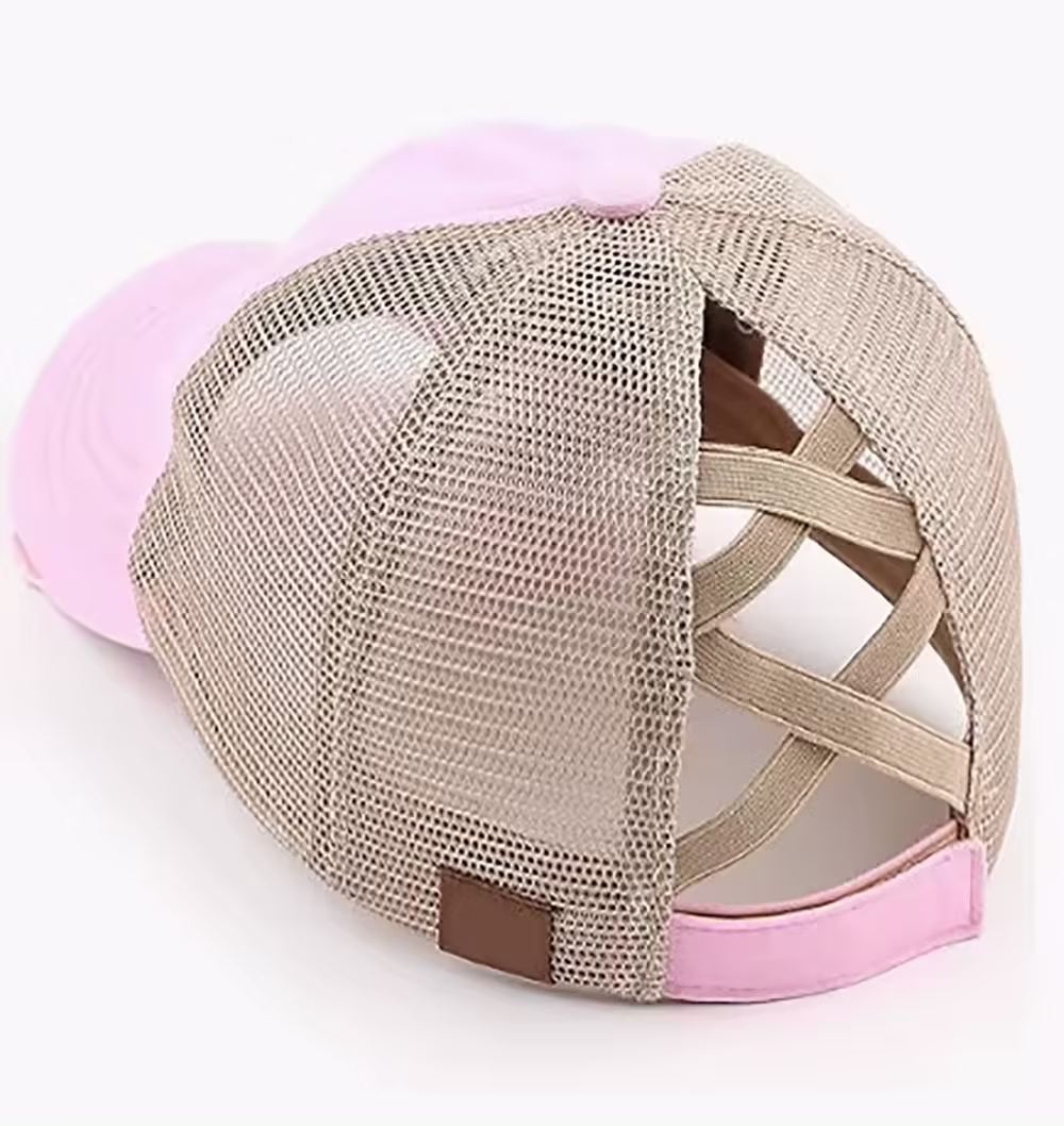 women ladies high custom sports spandex X cross crisscross pony tail baseball trucker caps hats with ponytail hair hole holder
