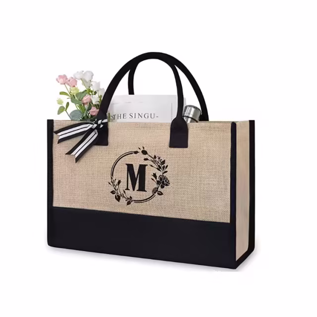 Reusable Custom Logo Jute Handle Blank Splice Cheap Weekend Shopping Womens Travel Beach Bag