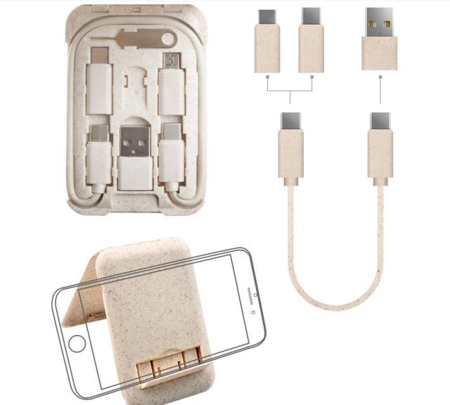 Eco-friendly Wheat Straw 6 in 1 Charging USB Cable Organizer Box Set Adapter Kit for Mobile Phone