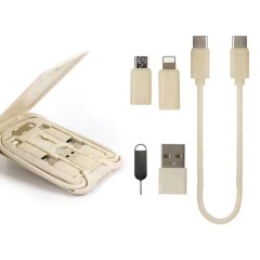 Eco-friendly Wheat Straw 6 in 1 Charging USB Cable Organizer Box Set Adapter Kit for Mobile Phone