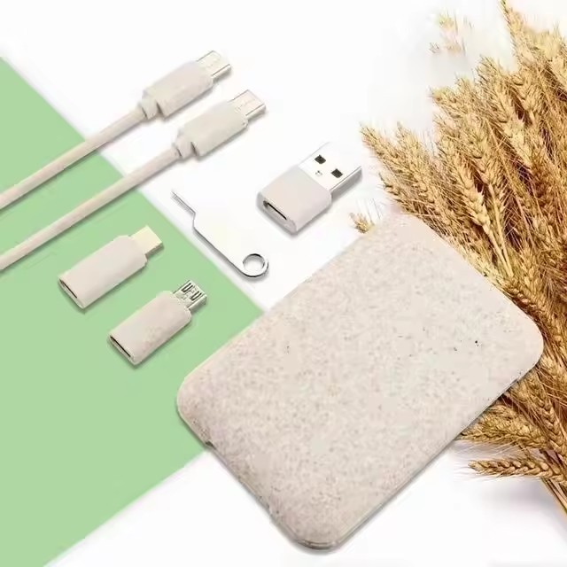 Eco-friendly Wheat Straw 6 in 1 Charging USB Cable Organizer Box Set Adapter Kit for Mobile Phone