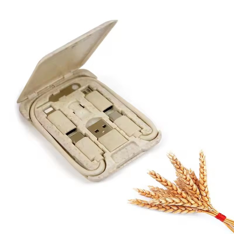 Eco-friendly Wheat Straw 6 in 1 Charging USB Cable Organizer Box Set Adapter Kit for Mobile Phone