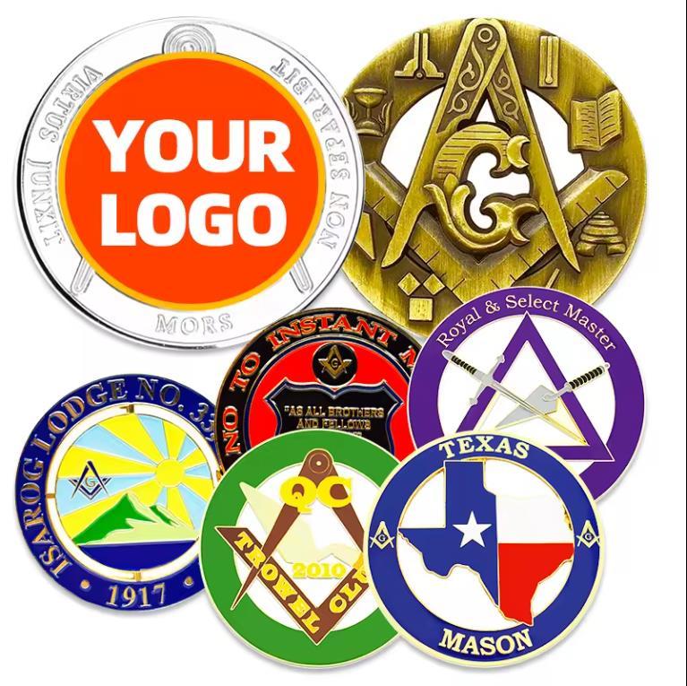 Custom Stamping Metal Silver Freemason Shaped Souvenir Metal Crafts Custom Challenge Coins Freemason Masonic Coins