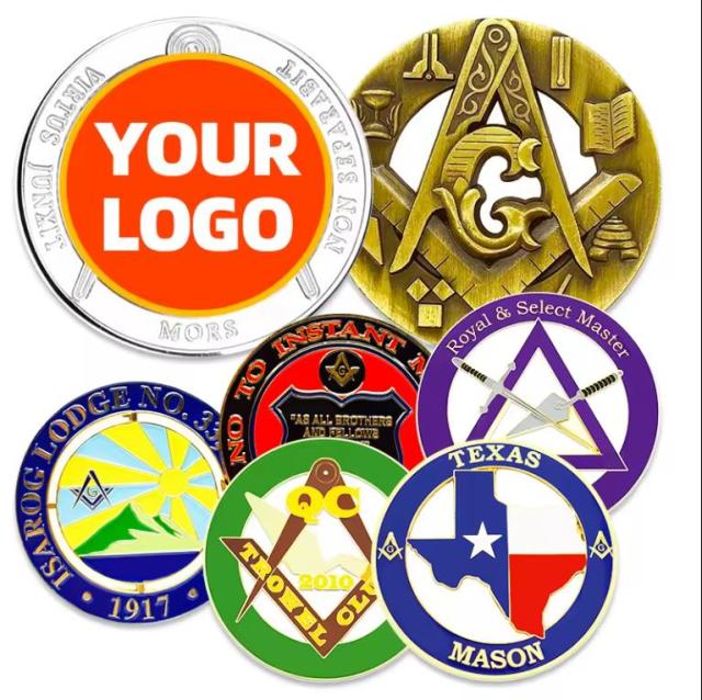 Custom Stamping Metal Silver Freemason Shaped Souvenir Metal Crafts Custom Challenge Coins Freemason Masonic Coins