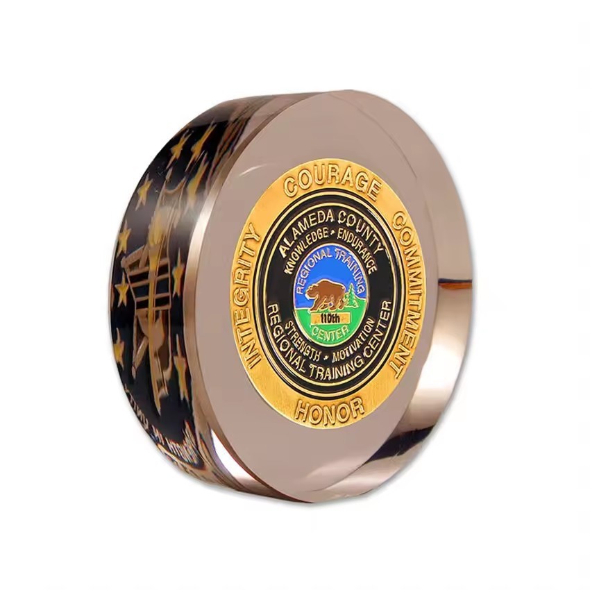 custom made crystal glass Lucite challenge coin paperweight