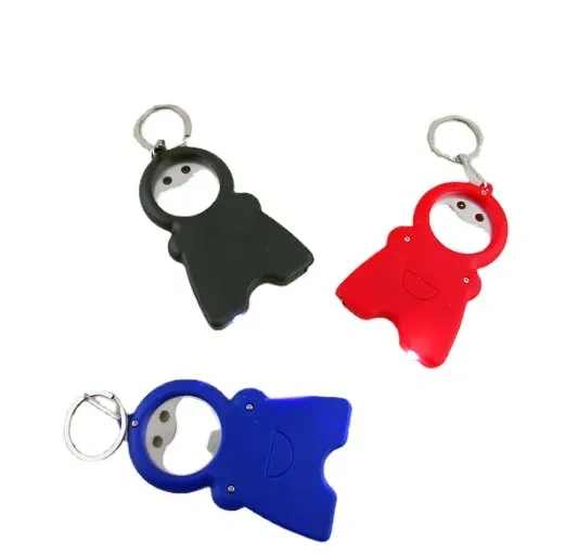 multifunctional smiling face bottle opener keychain, led light keychain, mini tape measure