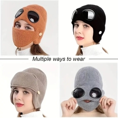 2025 New Arrival Unisex Fashion Pure Color Knitted Goggle Beanie Winter Warm Acrylic Windproof Skull Cap Hat With Face Mask Set
