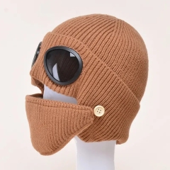 2025 New Arrival Unisex Fashion Pure Color Knitted Goggle Beanie Winter Warm Acrylic Windproof Skull Cap Hat With Face Mask Set