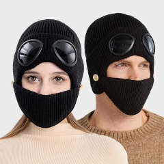 2025 New Arrival Unisex Fashion Pure Color Knitted Goggle Beanie Winter Warm Acrylic Windproof Skull Cap Hat With Face Mask Set