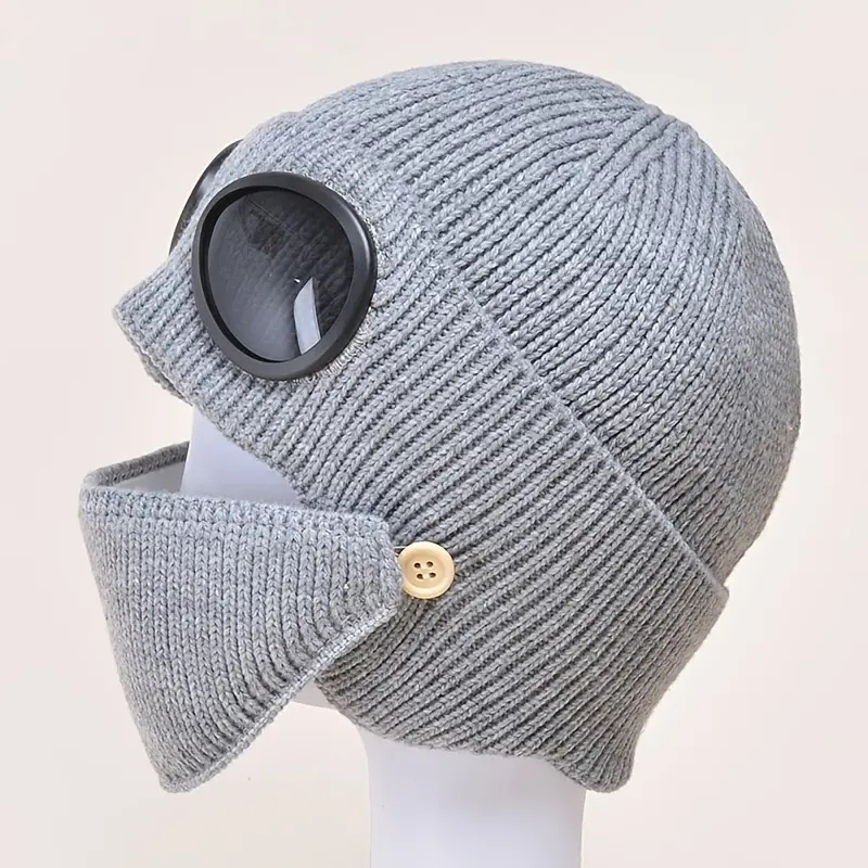 2025 New Arrival Unisex Fashion Pure Color Knitted Goggle Beanie Winter Warm Acrylic Windproof Skull Cap Hat With Face Mask Set