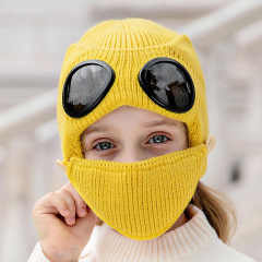 2025 New Arrival Unisex Fashion Pure Color Knitted Goggle Beanie Winter Warm Acrylic Windproof Skull Cap Hat With Face Mask Set
