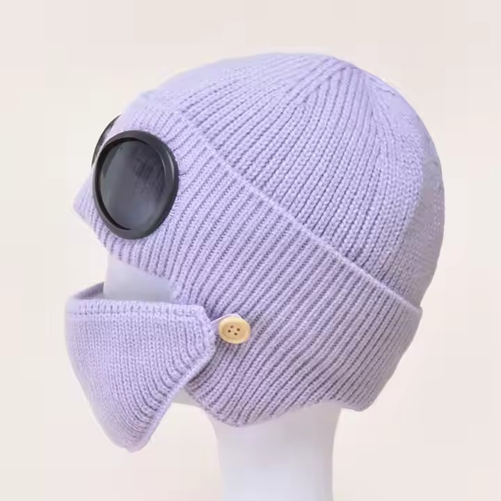 2025 New Arrival Unisex Fashion Pure Color Knitted Goggle Beanie Winter Warm Acrylic Windproof Skull Cap Hat With Face Mask Set