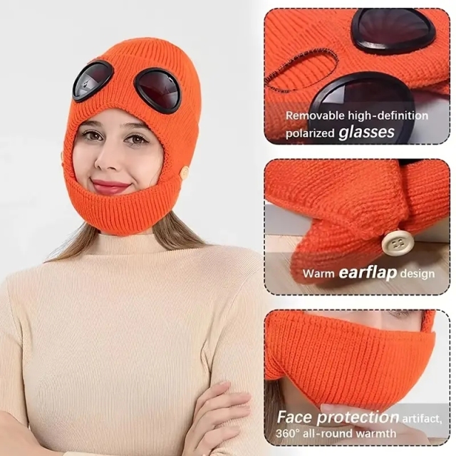 2025 New Arrival Unisex Fashion Pure Color Knitted Goggle Beanie Winter Warm Acrylic Windproof Skull Cap Hat With Face Mask Set