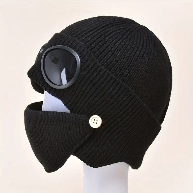 2025 New Arrival Unisex Fashion Pure Color Knitted Goggle Beanie Winter Warm Acrylic Windproof Skull Cap Hat With Face Mask Set