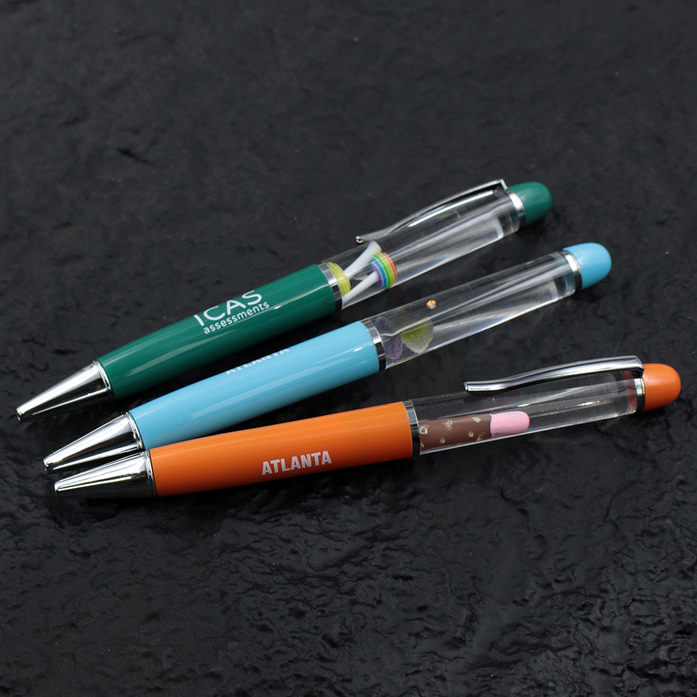 OEM Logo Promotional Floating Ballpoint Pen 2D/3D Liquid Floater Novelty Stationery Yellow Metal Plastic Pen Events Gift Giving