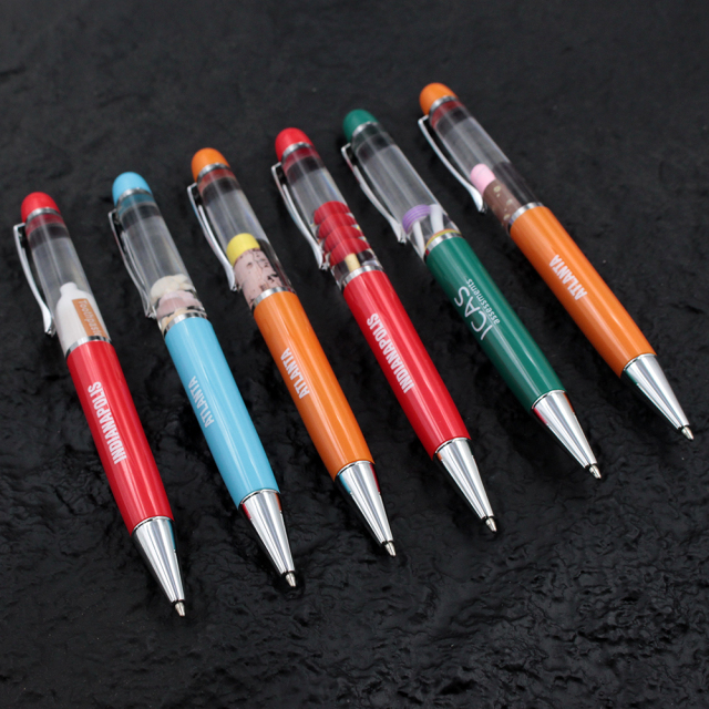 OEM Logo Promotional Floating Ballpoint Pen 2D/3D Liquid Floater Novelty Stationery Yellow Metal Plastic Pen Events Gift Giving