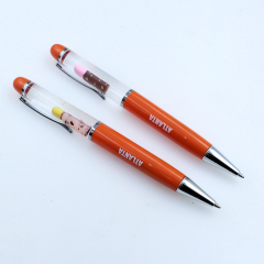 OEM Logo Promotional Floating Ballpoint Pen 2D/3D Liquid Floater Novelty Stationery Yellow Metal Plastic Pen Events Gift Giving
