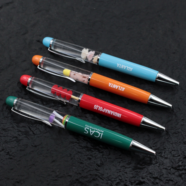 OEM Logo Promotional Floating Ballpoint Pen 2D/3D Liquid Floater Novelty Stationery Yellow Metal Plastic Pen Events Gift Giving