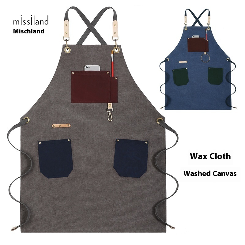 Custom Printed Retro Oil Wax Canvas Logo Barista Gardener Baking Bar Art Student Bib Sleeved Apron for Cleaning Made of Cotton