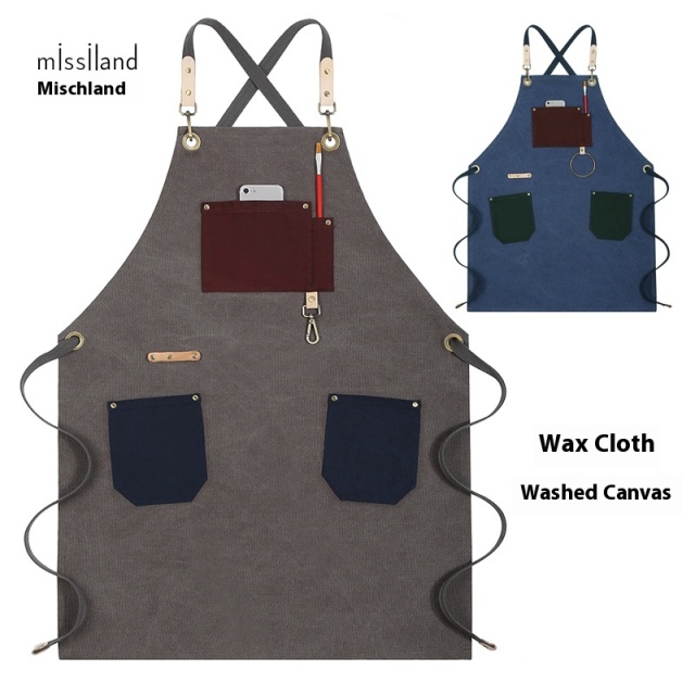Custom Printed Retro Oil Wax Canvas Logo Barista Gardener Baking Bar Art Student Bib Sleeved Apron for Cleaning Made of Cotton