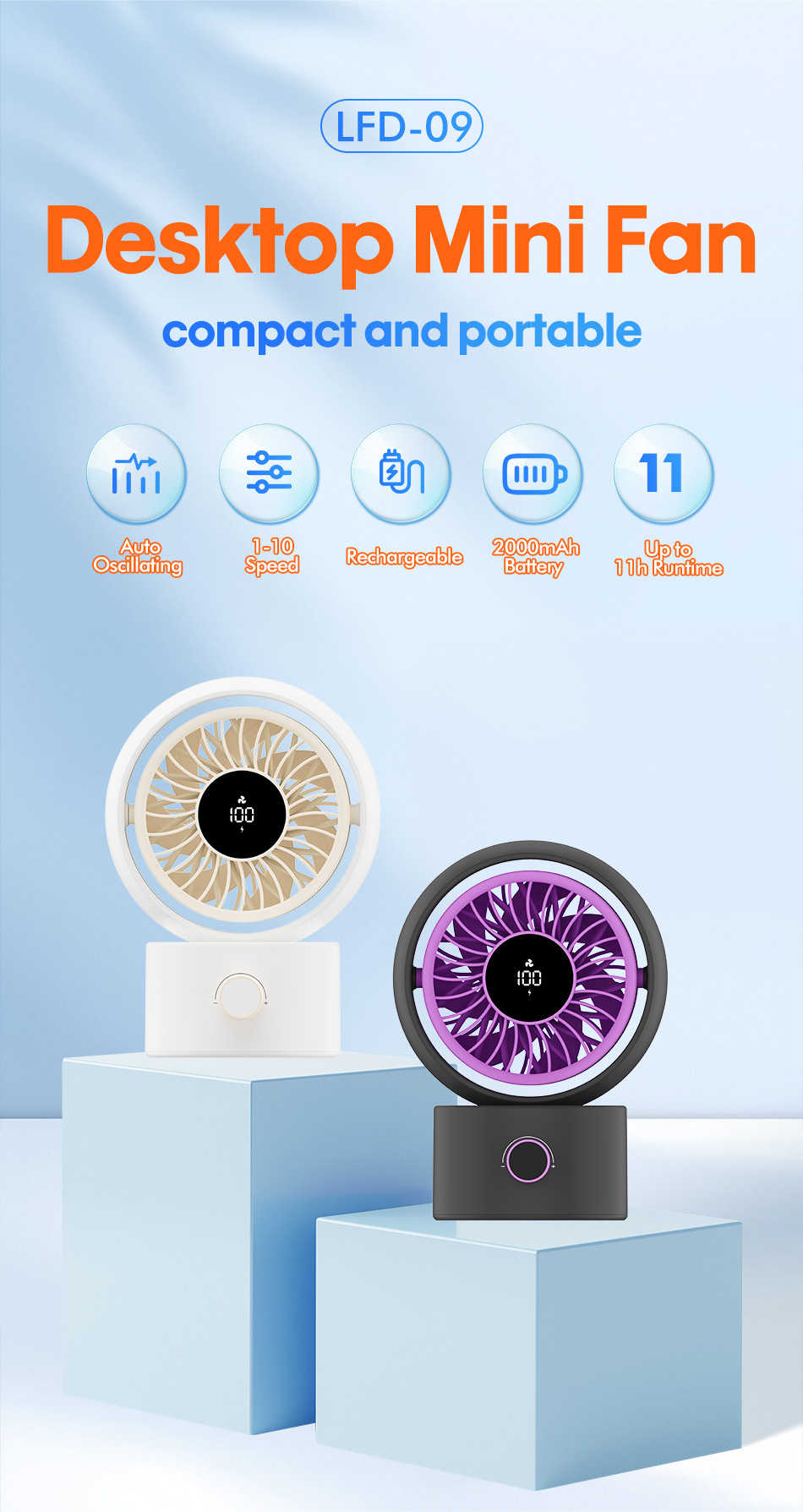 2026 New Mini USB Desk Fan Quiet Rechargeable Cooling Fan with Digital Display for Office Home