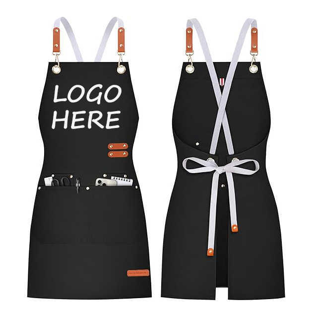 Customized Commercial Advertising Water Oil Resistant Canvas Cross Back Chef Kitchen Cooking Aprons with Pockets for Cleaning