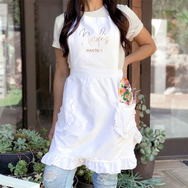 Ruffled White Apron Kitchen 100% Cotton Nail Tech Pink Aprons With Logo Custom in Cotton Apron for Woman Nail Techs