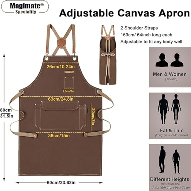Canvas Durable Multi Pocket Design Work Apron Adjustable Cross for Barista Artist Gardener and Restaurant Staff