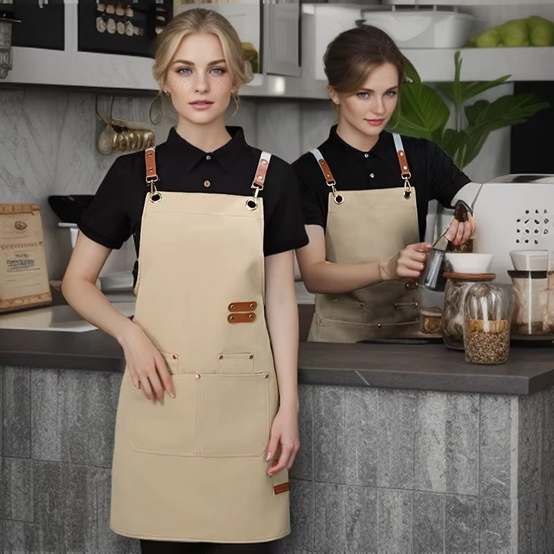 Customized Commercial Advertising Water Oil Resistant Canvas Cross Back Chef Kitchen Cooking Aprons with Pockets for Cleaning