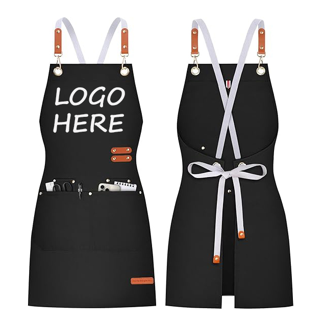 Customized Commercial Advertising Water Oil Resistant Canvas Cross Back Chef Kitchen Cooking Aprons with Pockets for Cleaning