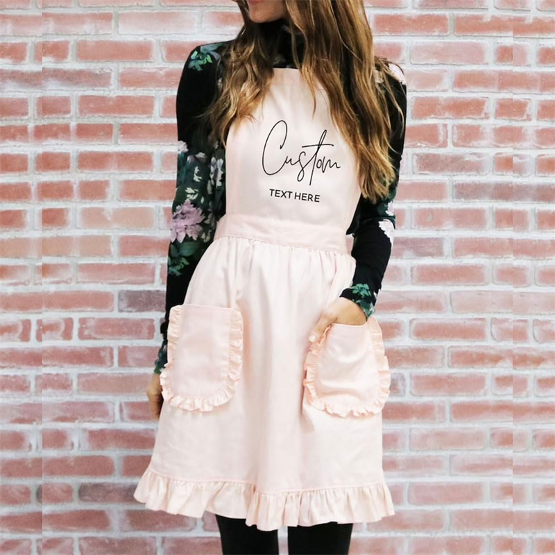 Ruffled White Apron Kitchen 100% Cotton Nail Tech Pink Aprons With Logo Custom in Cotton Apron for Woman Nail Techs