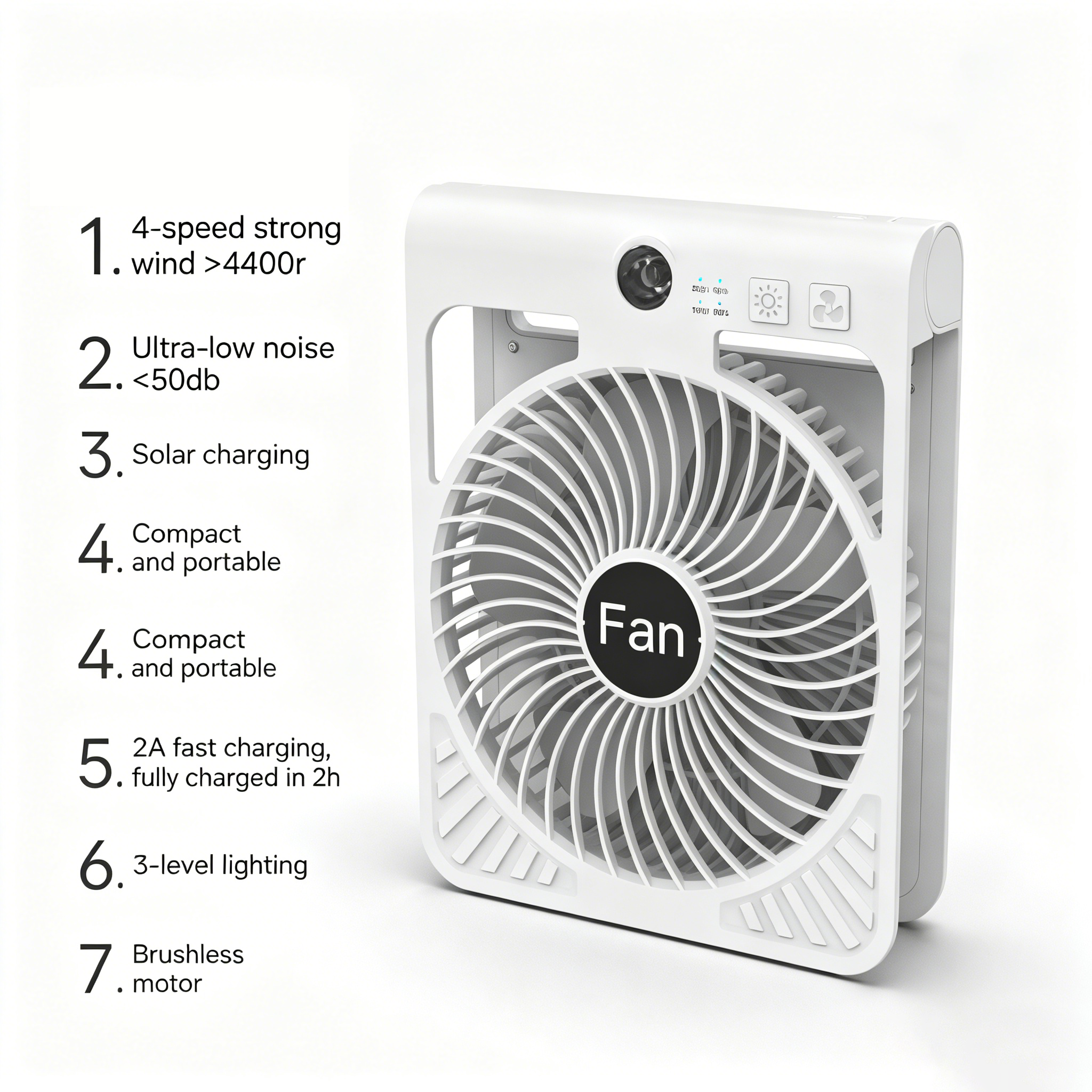 Solar Camping Fan Rechargeable 2A Fast Charge Foldable Brushless Motor Portable Outdoor Fan 2026 Trending