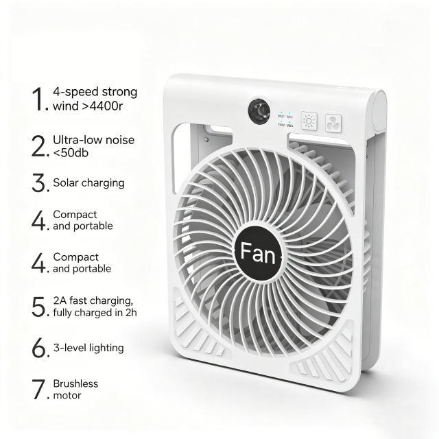 Solar Camping Fan Rechargeable 2A Fast Charge Foldable Brushless Motor Portable Outdoor Fan 2026 Trending