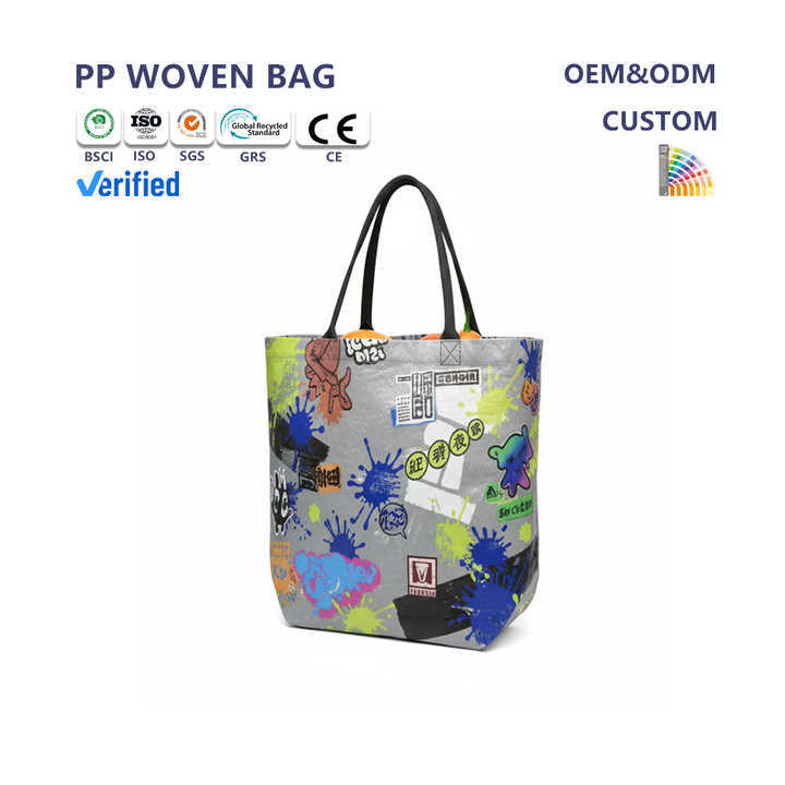 Custom Durable PP  Woven Tote Bag Eco-friendly Folding Outdoor Shopping Bag Zipper Cartoon Handled Bag for Convenient