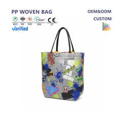 Custom Durable PP  Woven Tote Bag Eco-friendly Folding Outdoor Shopping Bag Zipper Cartoon Handled Bag for Convenient